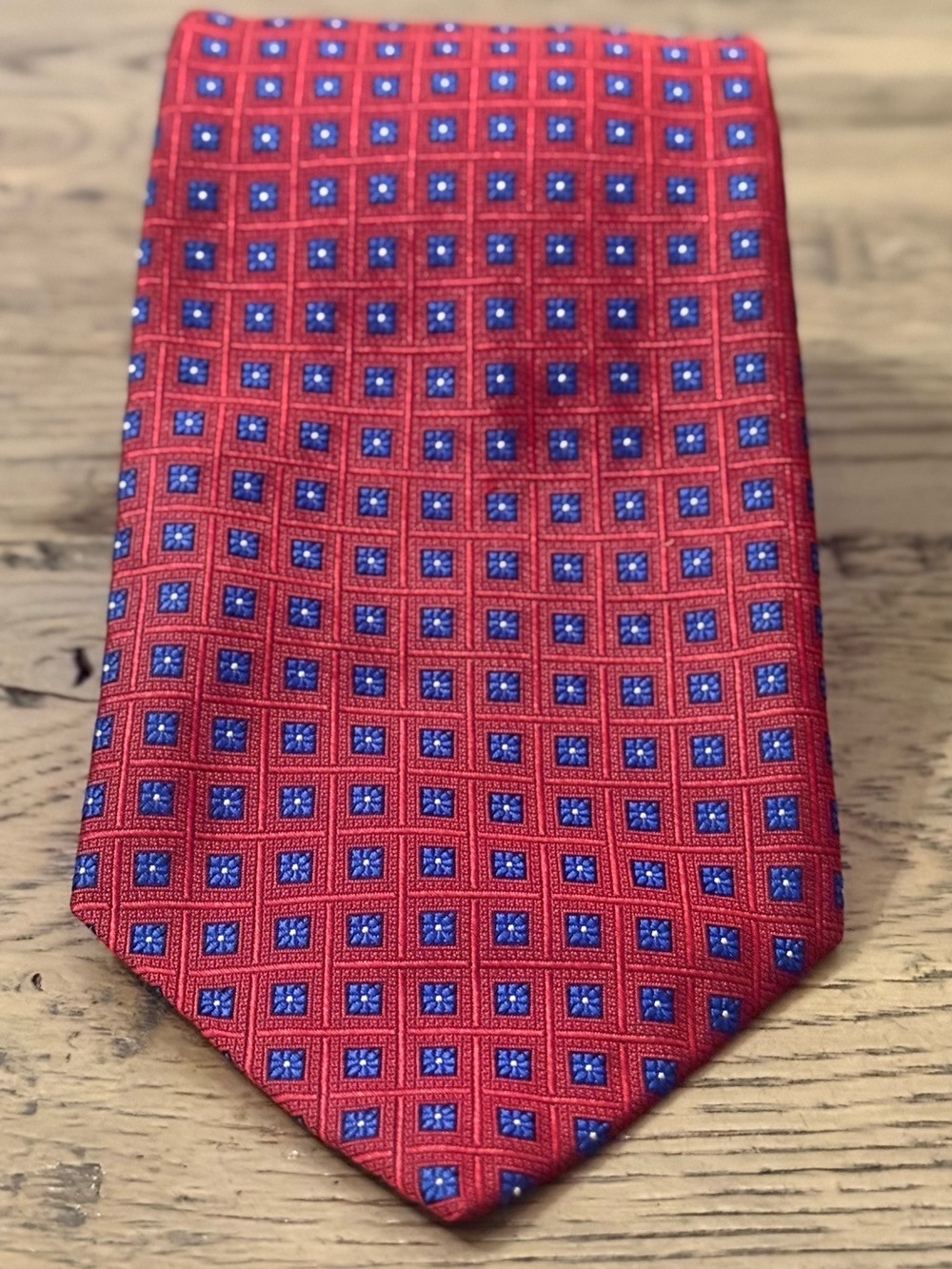 Robert Talbott Red Silk Tie with Blue Square Motif